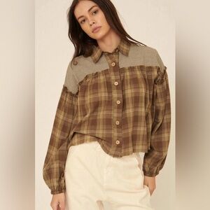 Promesa Brown Plaid Shirt Ruffled Button Up Raw Edged Babydoll Womens Size Large